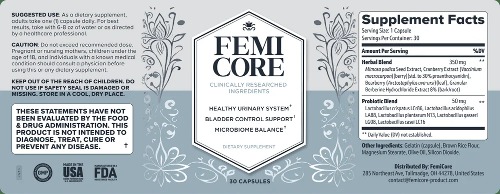 FemiCore Supplement Facts label showing herbal blend and probiotic blend